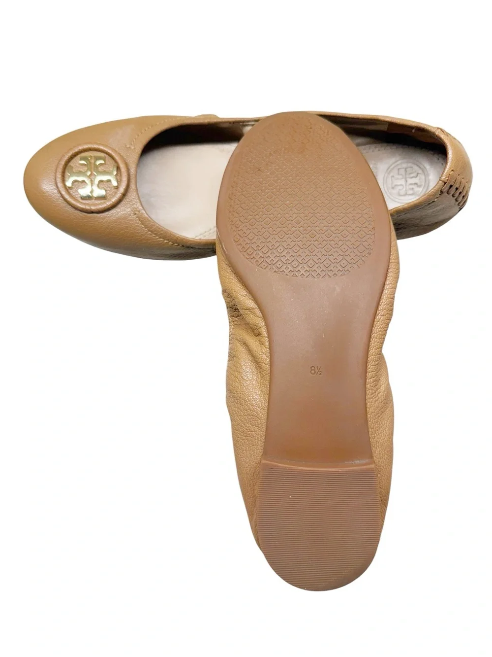 Tory Burch Brown Leather Logo Round-Toe Ballet Flats